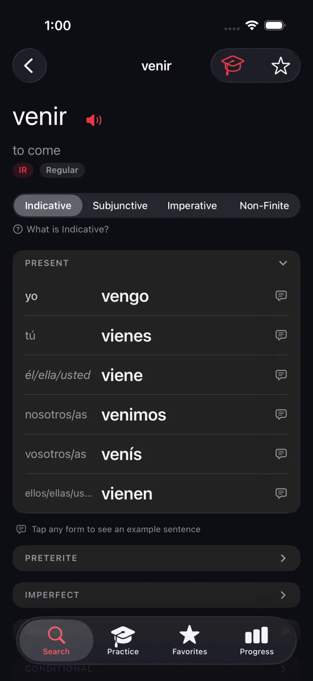Conjugation table for venir in the indicative present