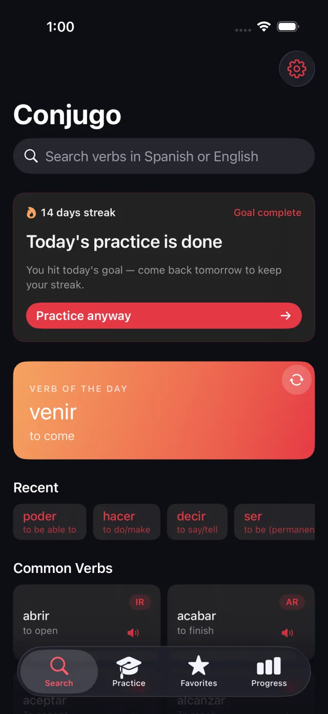 Conjugo home screen showing search and verb of the day